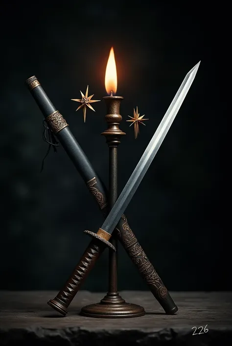 A katana with sheath crossing, under it put 2226, a torch between the katana and sheath, two stars on the torch.