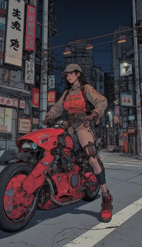  Surrealism  ,  artwork, 8K quality, Akira girl riding a motorcycle, Osaka Expressway at night, uniform, Nike sneakers、 anatomically accurate、