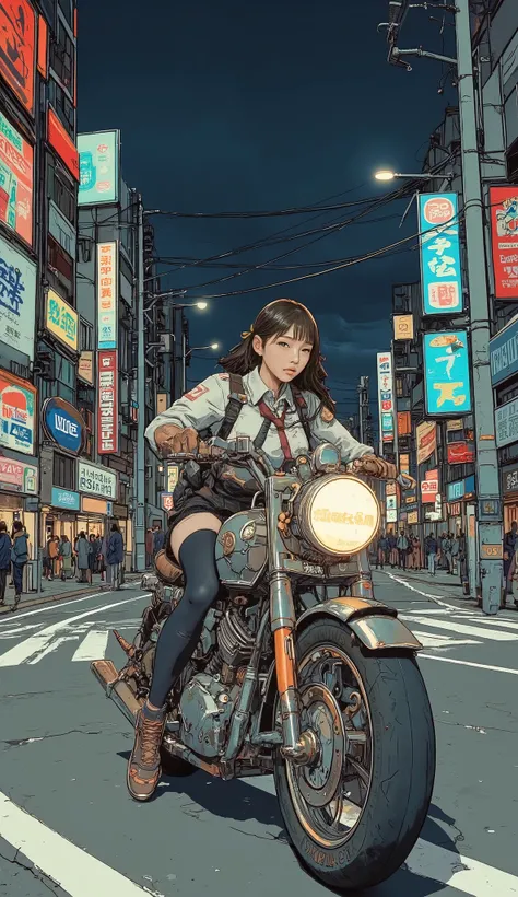 Surrealism , artwork, 8K quality, Akira girl riding a motorcycle, Osaka Expressway at night, uniform, Nike sneakers、 anatomically accurate、