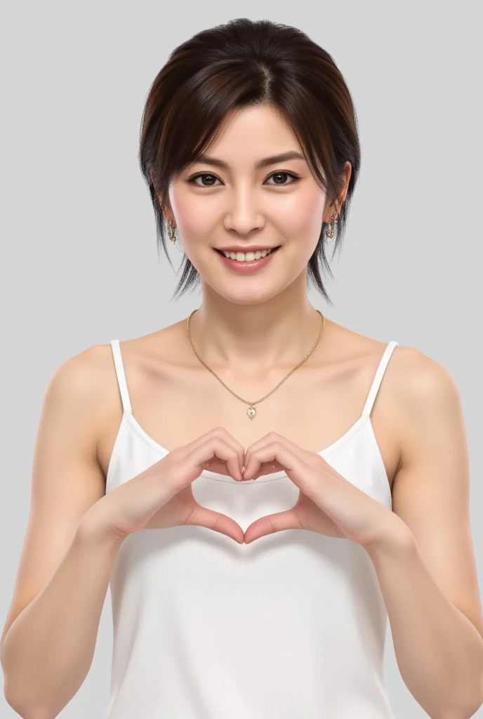  Super Fine、Picture of her face 、 she is wearing a camisole、 standing with her hands in the shape of a heart in front of her chest、  cute smile、  The background is plain 、   high resolution、細部にわたって  high resolution