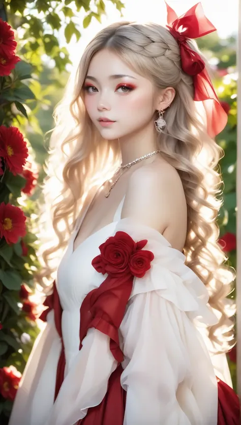  very realistic pictures, RAW photos , super realistic ,FILM GRAIN A BEAUTIFUL JAPANESE WOMAN  、  SHE IS WEARING A RED OFF SHOULDER DRESS、Red eyeshadow 、 hairstyles at their best:  medium long with ingrown curls、 wavy hair standing in front of the garden 、...