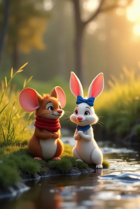 Create a Disney Pixar style wide shot of a little mouse named Max (small, brown fur, wearing a red scarf) and a rabbit named Lily (white fur, wearing a blue bow) sitting together on the streambank, looking at the water. Max has a thoughtful expression, and...