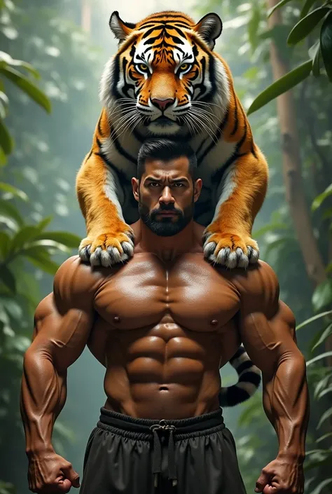 Huge tiger climbs onto macho man's shoulders