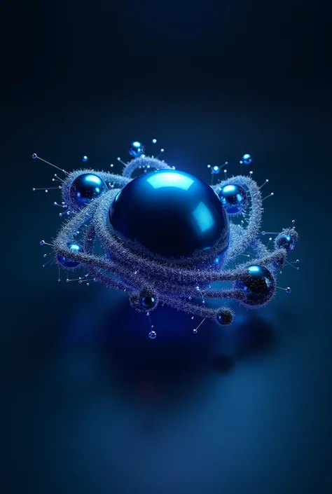 Create an ultra-realistic 3D logo for an IT company in a dark blue color scheme. In the center of the logo is a spherical core of deep dark blue color with a glossy surface. Around the core there are many small spherical particles of the same shade, connec...