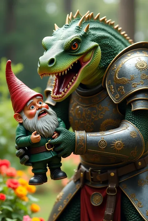 Create a photo like picture of a lizardman warrior in ornate medieval plate armor, who is eating a garden gnome