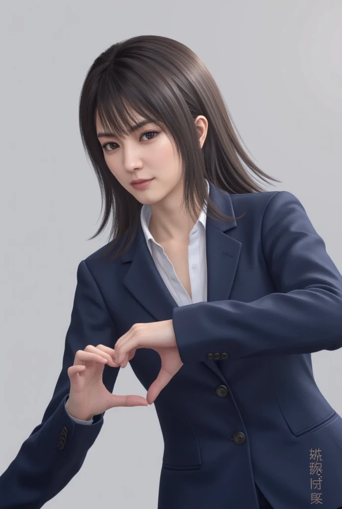 She's wearing a suit 、 standing with her hands in the shape of a heart in front of her chest、  Cute Smile Up、  The background is plain 、   high resolution、細部にわたって  high resolution