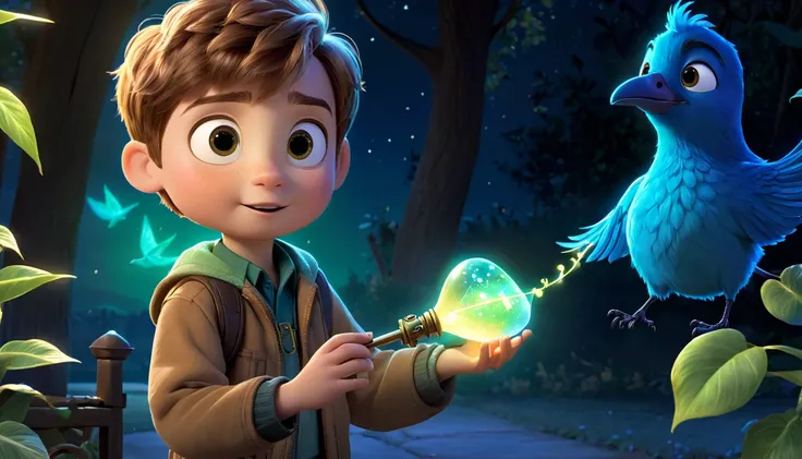 A glowing, star-shaped key floats down into Arlo’s hands. The boy looks at it with wonder, his crescent-shaped bag glowing faintly as he places the key inside. Behind him, the glowing bird chirps excitedly.