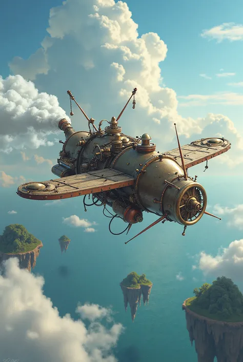  Steampunk。Fly 、 in a strange flying machine between floating islands in the sky。Blue sky and white clouds。sea。