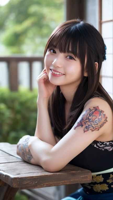 ((  medium hair with visible tattoos ))、 kimono,smile,Japanの kimonoを着ている,Japan, kimono, table top,  best quality ,  is present, whole body, very detailed, finely,  high resolution, 8k wallpaper,   light brown disheveled hair ,  sharp concentration on that ...