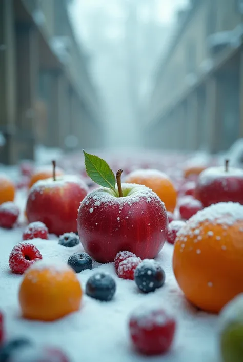 Various fruits covered by blurry snow hyperdetailed hyper-realistic masterpiece Ultra detailed cinematic 4k 60fps post-apocalyptic film 