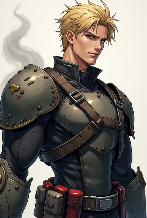 man. military warrior ,  hard metal arm with red ends that steam comes out,  scar on the left eye and closed ,  normal right red eye.  blond hair on the shoulder .  strong muscular but not so big . drawing or anime style