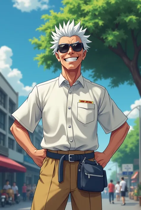 Men's Day Model,Japanese people, white hair, Thai school uniform,Wear sunglasses,A mocking smile,Standing Keg Pose, blue sky, Shade Tree,A busy day