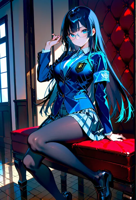 One of the high school students、 best quality 、 very detailed、  high resolution illustration  、 Ultra-high-definition CG 、８k size wallpaper、 beautiful glossy black hair、 beautiful, Clear blue eyes、Glasses、 straight hair、bangs、hime cut、 indigo blue blazer w...