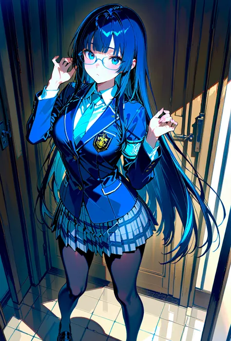 One of the high school students、 best quality 、 very detailed、  high resolution illustration  、 Ultra-high-definition CG 、８k size wallpaper、 beautiful glossy black hair、 beautiful, Clear blue eyes、Glasses、 straight hair、bangs、hime cut、 indigo blue blazer w...