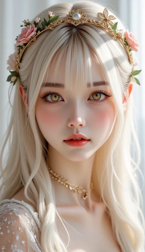 Beautiful European princess, white golden dress, ethereal, big golden eyes, sparkling eyes gold, long White hair, cute face, hyper realistic, 4k face details,