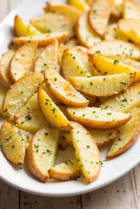 Baked Garlic Parmesan Potato Wedges:

Ingredients:
4 large Russet potatoes (sliced into wedges)
4 tbsp Extra virgin olive oil
2 tsp Salt
2 tsp Garlic powder
2 tsp Italian herb seasoning (McCormick)
1/2 cup Parmesan cheese (shredded)
2 tbsp Fresh parsley (o...