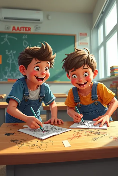 A two boy happily vandalizing their table and chair in a classroom 