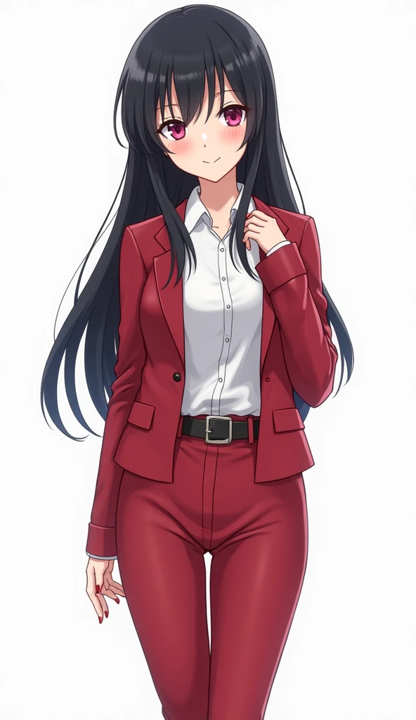 Japanese anime adolescent woman with long straight black hair and intense magenta eyes and red nails and wears a white shirt and a red blazer and red pants and with shiny black leather shoes and a white background and full body and her slightly squinted ey...