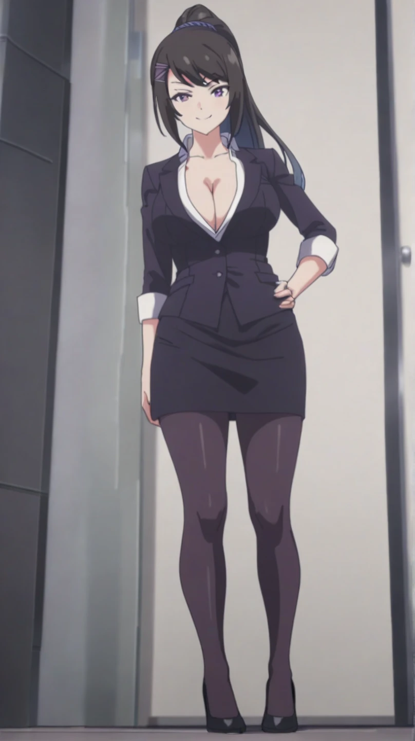 Chabashira, 1 girl, ponytail, black hair, hair bow, breasts, cleavage, formal, suit, pencil skirt, black tights,
(looking at the viewer), from below, full body standing, high heels, smiling,
[anime screenshot::0.8], masterpiece, best quality,