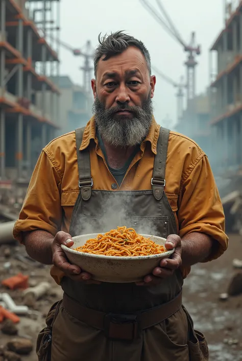 The man in the picture is a mortar worker holding a bowl of noodles.