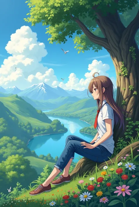 Anime girl makai white t-shirt and jeans oendek hair in a tie, Sitting on a tree enjoying the beautiful view, there are green hills and lakes, there are lots of flowers and birds chirping,good vibes, aesthetic 