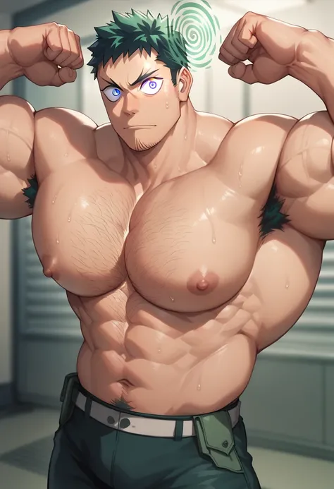 Hibino Kafka, shirtless, double biceps pose, muscular, muscles, broad shoulders, massive pecs, hairy chest, sweaty, glowing spiral in the eyes, blank expression, vacant stare, hypnotized, brainwashed, focused, High Resolution