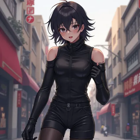 1 young man,  Dark Hair, medium short hair, Bangs,  dark eyes,  Expressionless face , Forehead mole ,  city background , Liu Hai pulling mask , Bokeh,  Anime Style,  tripartite lens ,  Black Stockings ,  Black Leather Shorts, High Neck Off Shoulder Shorts ...