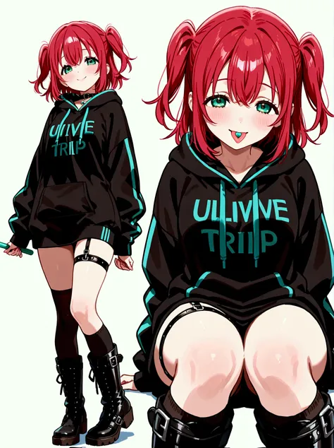  1 girl,  Kurosawa Ruby、  short hair while on a business trip、bangs、(  green eyes:1.3)、 Red Hair、Aqua Hitomi  、  two side up、smile、  Ultra Details 、  mouths、whole body、big black hoodie 、  over the knee socks、  standing、  have candy、  Long Boots  、 garter r...