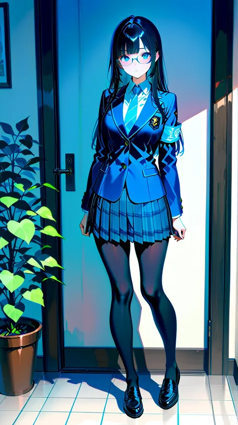 One of the high school students、 best quality 、 very detailed、  high resolution illustration  、 Ultra-high-definition CG 、８k size wallpaper、 beautiful glossy black hair、 beautiful, Clear blue eyes、Glasses、 straight hair、bangs、hime cut、 indigo blue blazer w...