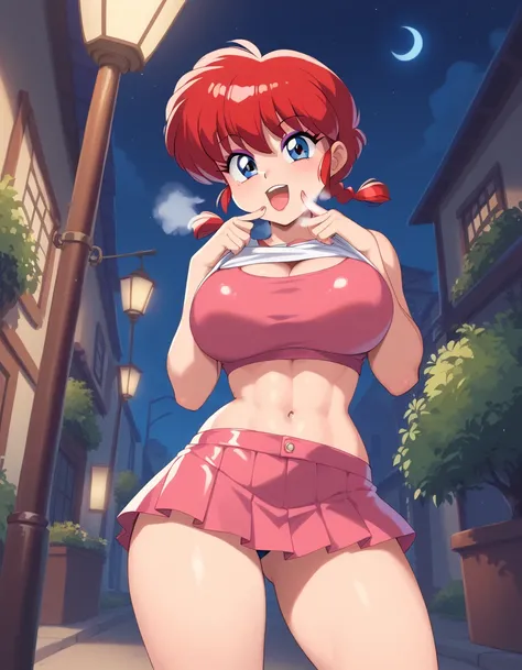  1 girl in the bush, background, (Ranma-chan), , Red Hair,  big breasted ,  tomboy girl, Short Pigtails, night, Hot breath,  open your mouth, dimmed lighting,  standing, city,  big butt,  Wide Hips ,  toned body, wearing slutty Prostitute outfit,  micro mi...