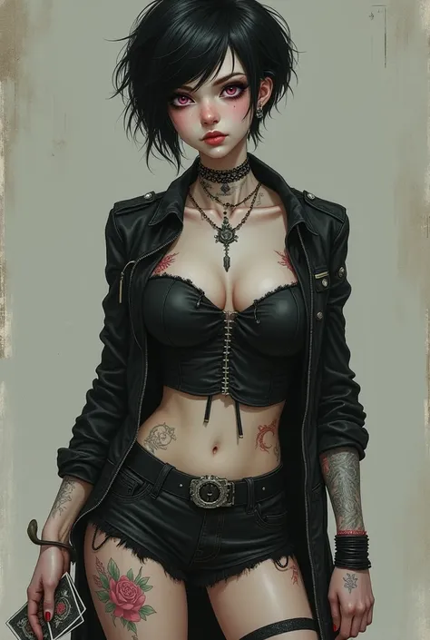 A girl with pale skin, short raven-colored hair cut into a wolfcut. Pale pink eyes. A mole under her left eye. Punk rock-style clothes. Tarot cards in hand. Tattoo under breast and outer thigh. Scars on forearms.