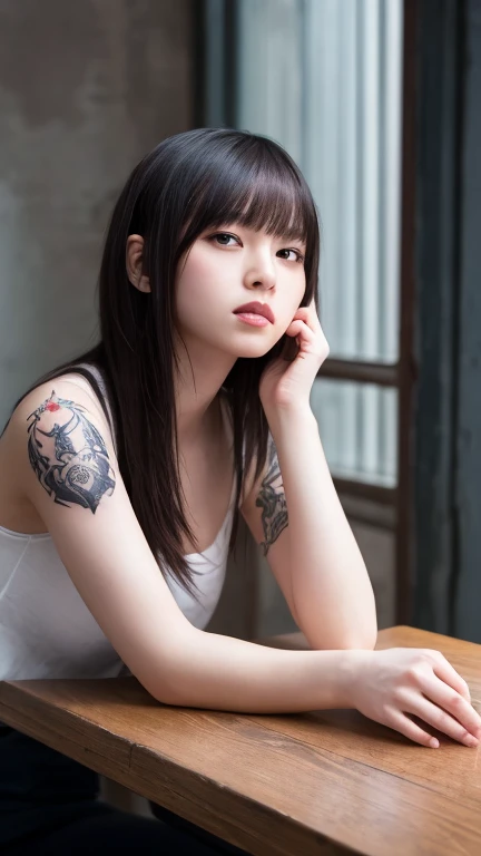 ((  medium hair with visible tattoos ))、Idol,Idol衣装,Idolの格好, table top,  best quality ,  is present, whole body, very detailed, finely,  high resolution,  8k wallpaper,   ,,  light brown disheveled hair , sharp concentration on that detail,  perfect dynami...