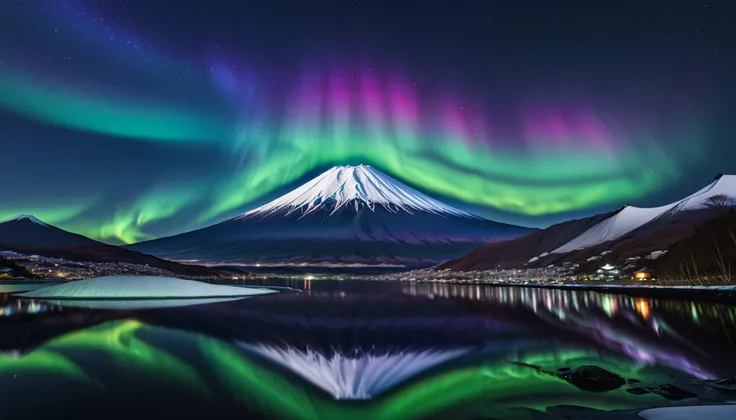 in ultra high quality, high definition , High Quality ,Spectacular views,(とてもThe giant Mt. Fuji up),A huge and realistic aurora dance that dazzles the night sky and covers the entire sky, sky full of stars,(The giant Mt. Fuji up),(Aurora shining brightly ...