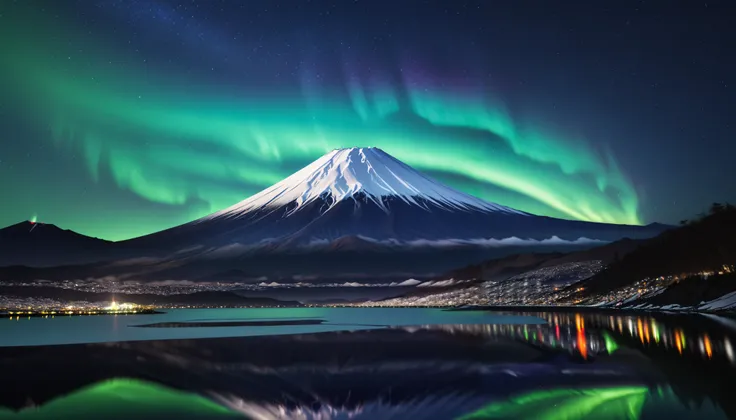 in ultra high quality, high definition , High Quality ,Spectacular views,(とてもThe giant Mt. Fuji up),A huge and realistic aurora dance that dazzles the night sky and covers the entire sky, sky full of stars,(The giant Mt. Fuji up),(Aurora shining brightly ...