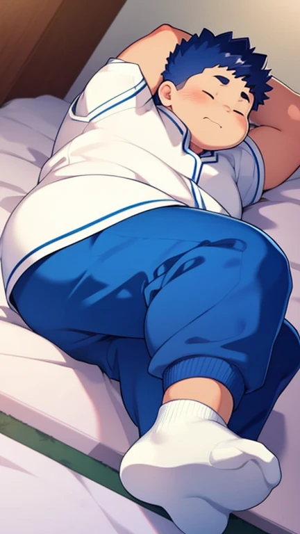 fat Boy，cute，nervous，Lying on the bed，shy，blue baseball uniform, white socks, closed eyes, bondage