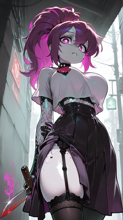 18-year-old. woman. bright skin, two-tone(red/purple) ponytail, purple eyes, dark circles, , 177cm tall, looking at viewer, holding knife, depressed, from below, crop shirt, black high-waist skirt, garter belt, parted lips, UHD, retina, masterpiece, Accura...