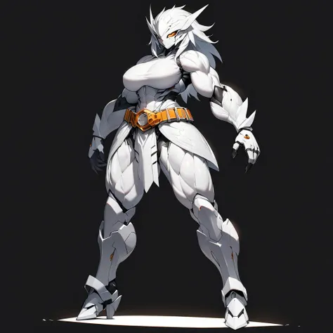 Top quality, full body, standing, from front,looking at viewer, plain white background, pure white background, solid white background.no human features,An insect-like female humanoid monster, large breasts, muscular, a kamen rider style belt around her wai...