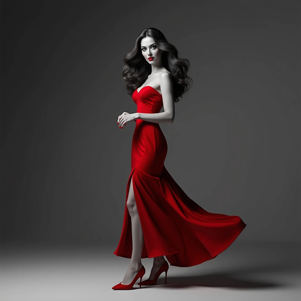 A black and white, ultra-wide, hyperrealistic 2.5D rendering of a glamorous model shot, capturing the exquisite beauty of a woman in a red dress, showcasing her face, long wavy hair, and high heels in a sophisticated and elegant 1960s photographic style.