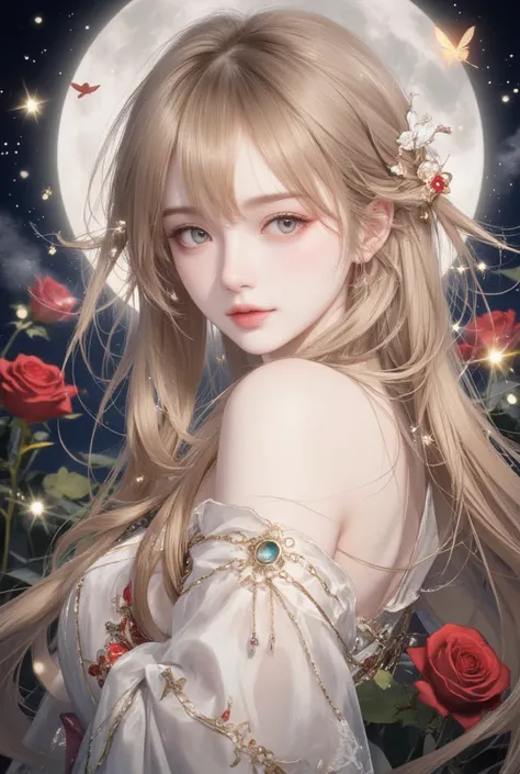 Golden-haired girl(Leave long hair without bangs)( jewel-like blue eyes, )There are sparkling red roses behind it, there is a moon, and there are fireflies flying around the atmosphere at night, there is a red butterfly flying around the moon behind the ni...