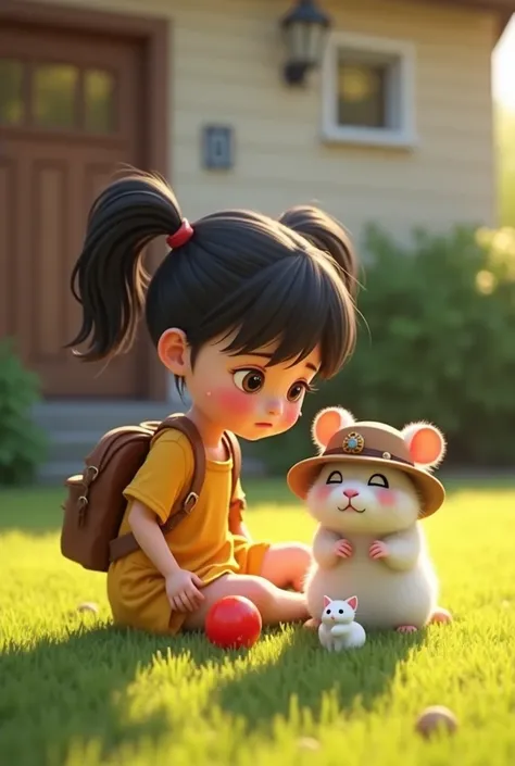  In a sunny and peaceful yard, Emily, a  girl with black hair tied in two ponytails and wearing a yellow outfit, sits alongside a white hamster wearing a brown explorer hat and a matching backpack, and a tiny white kitten. All three are in a moment of sadn...