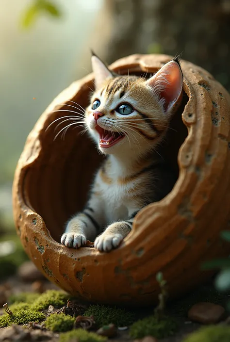 A cat born in a nut hole and open his mouth