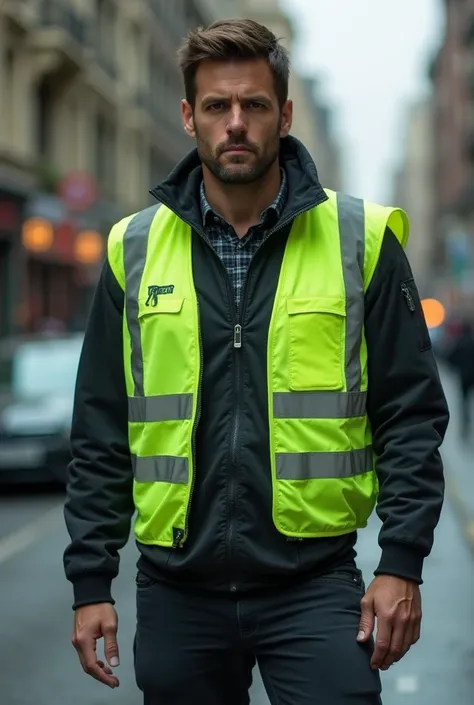 Imagine a chip marked on the map,  wearing a green reflective vest .  You can make a vest with bright glowing stripes on the sides and front.  His face is serious ,  shoes with slightly frowning eyebrows and the look of ,  giving the impression of primitiv...