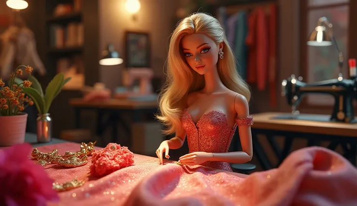 Barbie sews luxurious clothes with a needle and thread looking at me