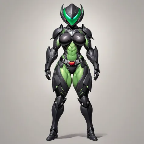 Top quality, full body, standing, from front,looking at viewer, simple background. no human features,An Alien-like female humanoid monster,kamen rider belt on belly,large breasts, muscular,non-human features,no human face,fully insectoid,chitinous armor