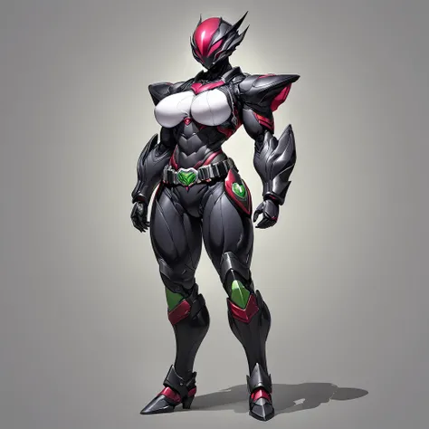 Top quality, full body, standing, from front,looking at viewer, simple background. no human features,An Alien-like female humanoid monster,kamen rider belt on belly,large breasts, muscular,non-human features,no human face,fully insectoid,chitinous armor