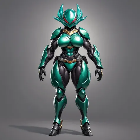 Top quality, full body, standing, from front,looking at viewer, simple background. no human features,An Alien-like female humanoid monster,kamen rider belt on belly,large breasts, muscular,non-human features,no human face,fully insectoid,chitinous armor