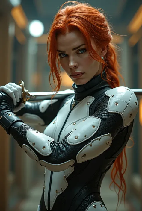 A redhead woman in a cybersuit LaTeX leathered armor wilding a sword,action frame, inspired by W. Lindsay Cable,Lindsay Lohan, sophie turner,faye reagan , Faye valentine,amber heard,Lena Headey as Cersei Lannister, a woman in a white armor wilding a sword,...