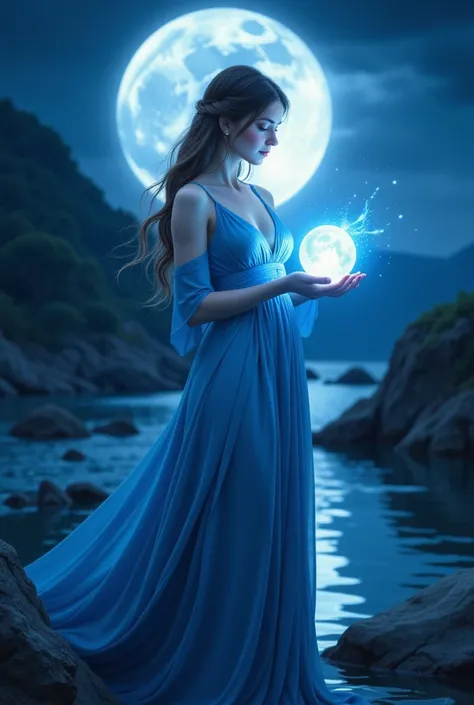 a woman in a blue dress holding a blue ball in her hands with a full moon behind her and a full moon behind her, Fan Qi, fantasy art, fantasy artwork, digital art