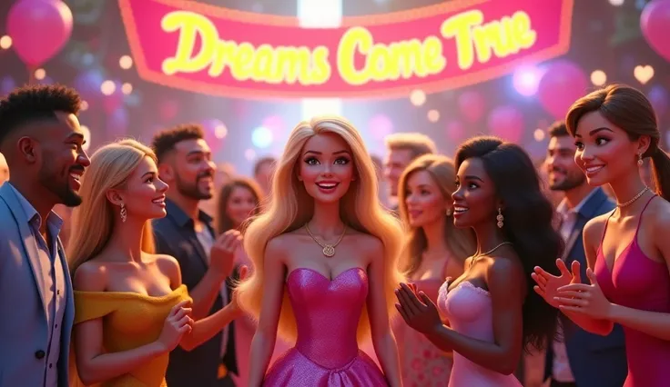 Barbie surrounded by ren and adults, all smiling and clapping, with a glowing “Dreams Come True” banner in the background.