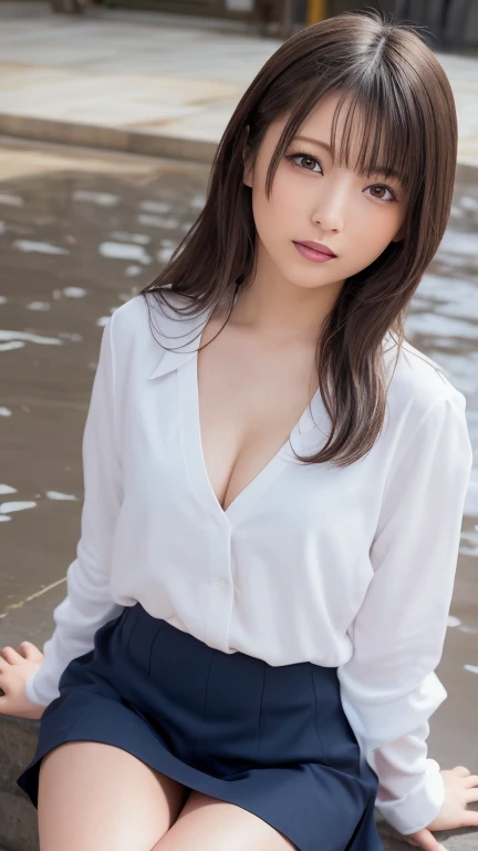  a small puddle of water wearing a navy blue skirt and traditional long-sleeved sailor 、 Wore a traditional long-sleeved sailor suit and dark blue skirt with white accents、 professional photography.   , taken with a 50mm lens, she's sitting on a wet sidewa...